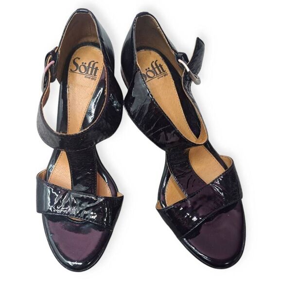 Sofft Women's Patent Leather T-Strap Buckle Wedge Heel Sandals size 6.5 M Black - Picture 3 of 8
